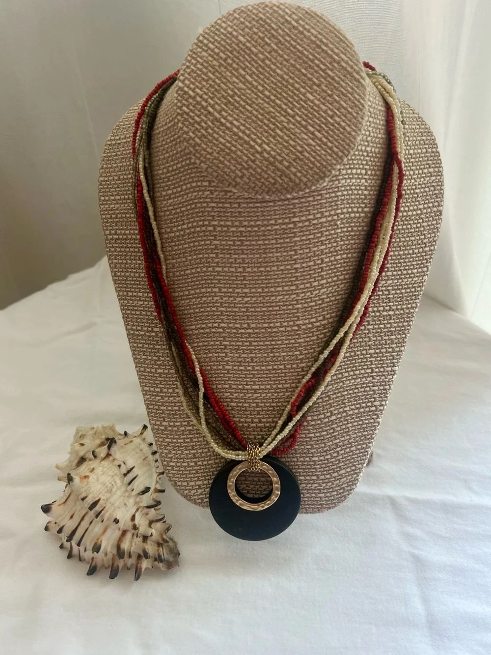 Statement Multi Strand Seed Bead Necklace Black Resin Pendant Gold Hammered Ring